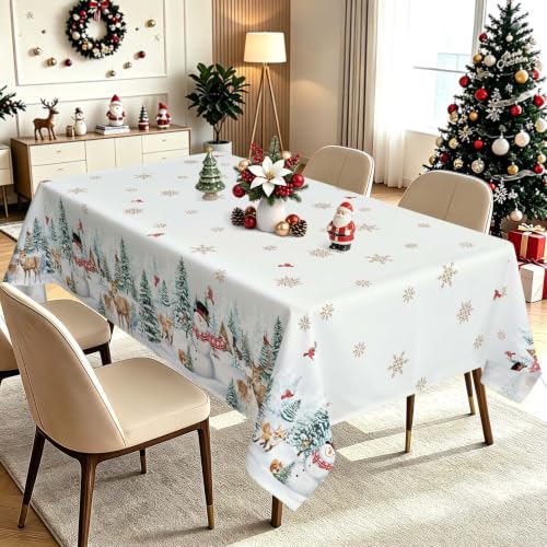 Christmas Snowman Cardinal Deers Tablecloth 60x120 Inch - White, Rectangular