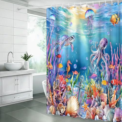 Coastal Ocean Shower Curtain - Turtle, Octopus & Jellyfish Design, 70" x 70"