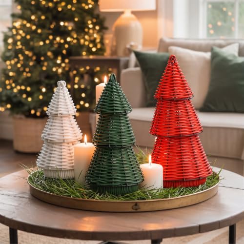 Qunclay 3 Pcs Rattan Christmas Tree Tabletop Decor - Classic Xmas Color