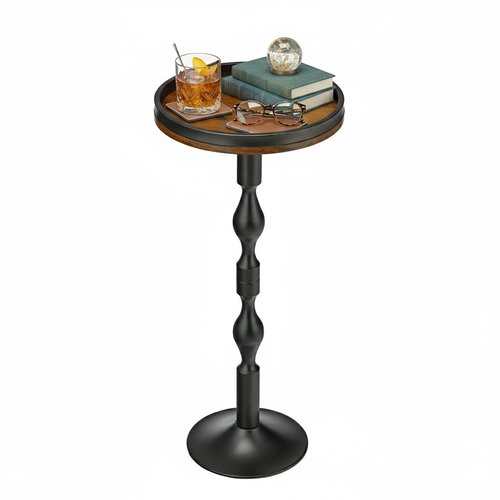 ZEXVIDA Small Round Side Table,Drink Table with Weighted Base,Industrial Metal & Wood Pedestal End Table with Tray Top, Martini Table for Small Spaces, Living Room,Bedroom,27" H