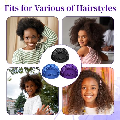 Ajcotahm 3-Pack Satin Sleep Bonnets for Kids - Silk Hair Caps with Wide Bands