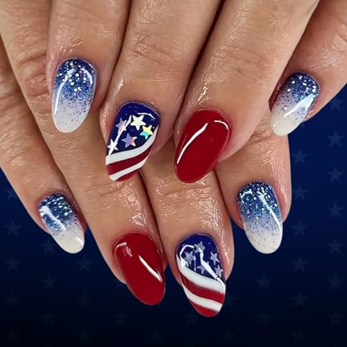 4th of July Medium Oval Press on Nails US Flag Star Acrylic False Nails