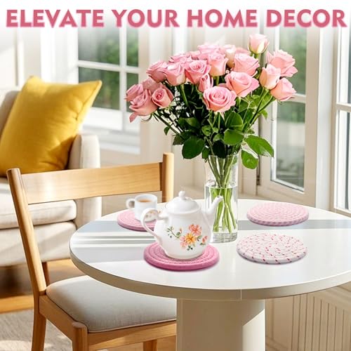 4.8 Inch Large Pink Coasters Set of 4 - Handmade Absorbent Fabric