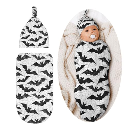 Black Bat Goth Swaddle Blanket Set with Beanie Hat for Newborns
