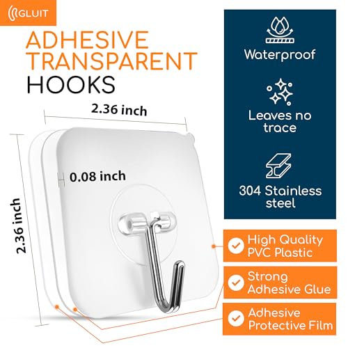 GLUIT Heavy Duty Adhesive Wall Hooks - 6 Pack, 22 lbs Capacity, Transparent