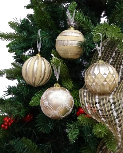 Velvet Christmas Ornaments 12Pcs - Champagne Gold & Cream Flocked Shatterproof Decorations