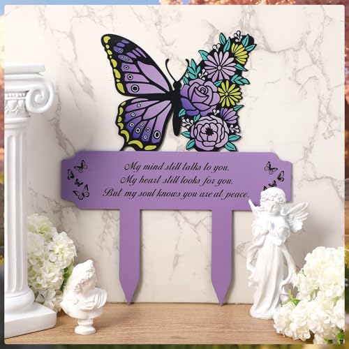 Purple Butterfly Memorial Grave Marker for Mom Dad, Metal Cemetery Plaque