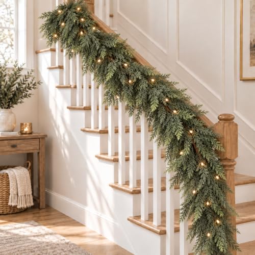 9 FT Lighted Cedar Garland with Warm White LEDs - Real Touch Artificial Greenery for Holiday Decor