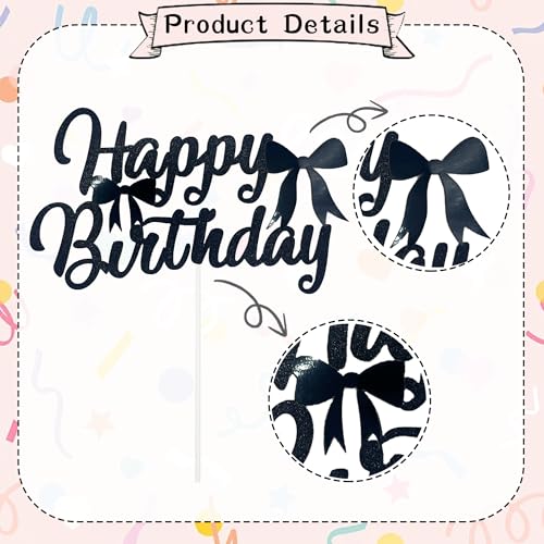 Elegant Black Glitter Bow Birthday Cake Topper for Girls