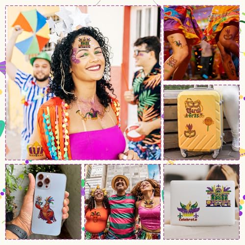 Mardi Gras Temporary Tattoos 8 Sheets 200+ Fat Tuesday Party Favors