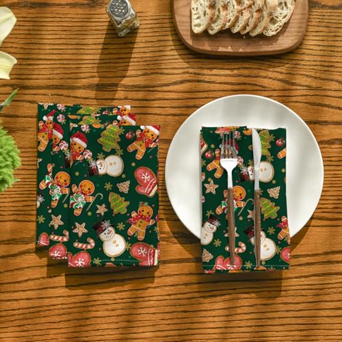 Christmas Cloth Napkins 18x18 Inch Set of 6 - Green Gingerbread Snowman Holiday Decor