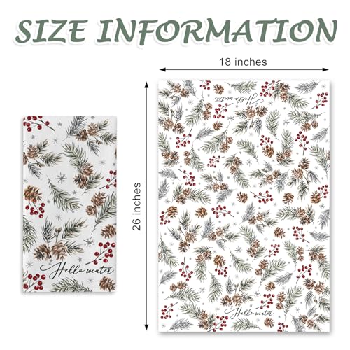 Hello Winter Pine Cone Needle Kitchen Dish Towel - Red Berry Pine - Rustic Farmhouse Decor