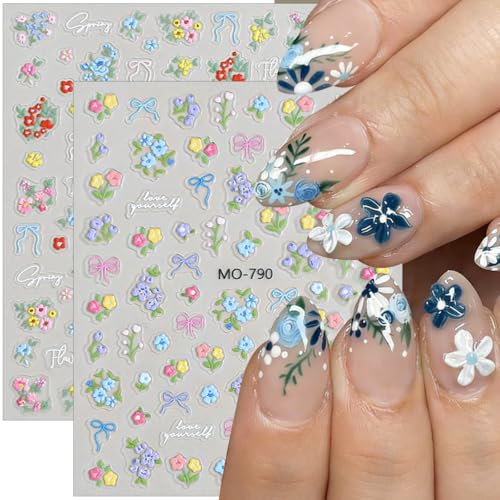 5D Embossed Floral Nail Stickers - Blue Flowers & Bows Self-Adhesive Art Decals (3 Sheets)