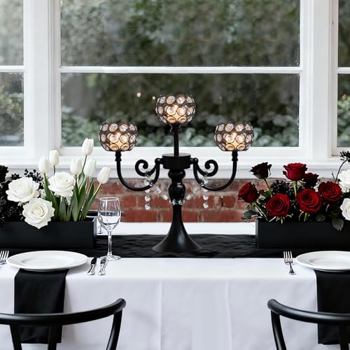 Black 3-Arm Metal Candelabra with Crystal Bowls - Elegant Table Centerpiece