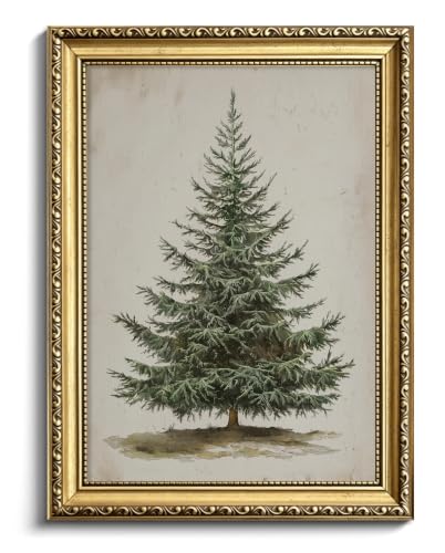 Christmas Tree Wall Art - Framed Evergreen Pine Canvas Print, 10x8 Inches - Gold Frame