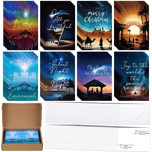 Religious Christmas Cards Set with Envelopes, Nativity Theme, 80 Pack, 7.5 x 5.1 Inches