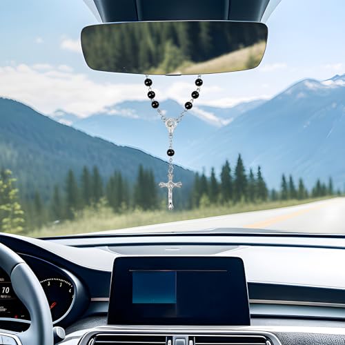 Car Rosary Rearview Mirror Ornament with Cross & Beads - 2 PCS