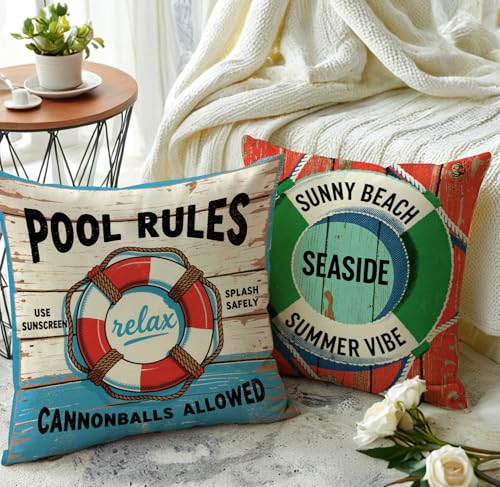 Pool Rules Decorative Throw Pillow Cover 18x18 Inch Nautical Design