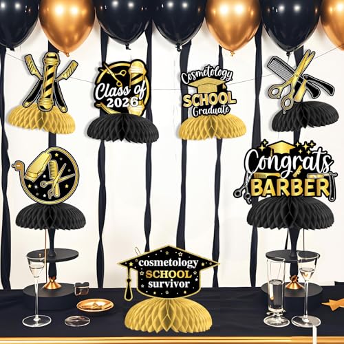 Barber Graduation Honeycomb Centerpieces - 8pcs Black Gold Decor