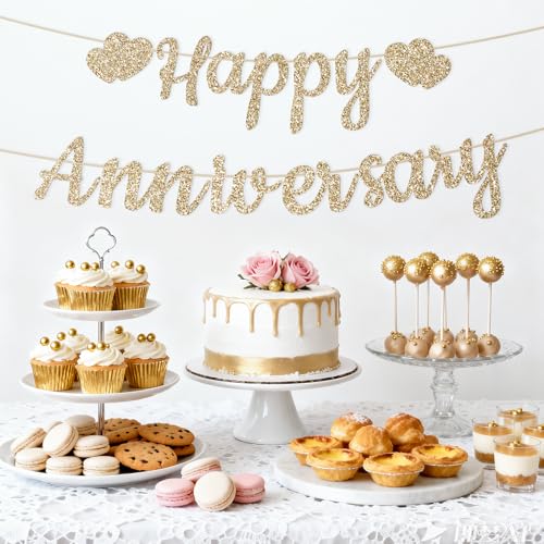 Pre-Strung Gold Glitter Happy Anniversary Banner | Wedding Decor