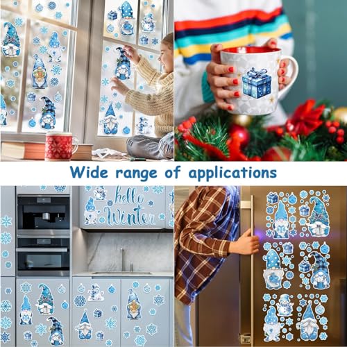 Hello Winter Gnome Window Stickers 131-Piece Watercolor Snowflake Decals - Blue Gnomes Christmas Decor
