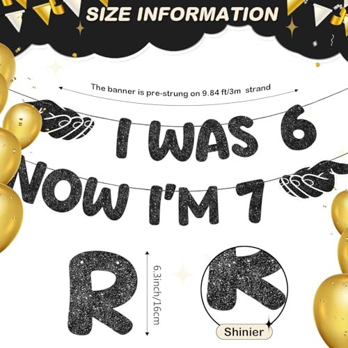 Fulmoon Black 7th Birthday Glitter Banner | Pre-Strung I Was 6 Now I'm 7