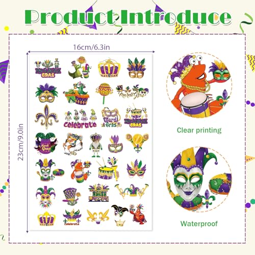 Mardi Gras Temporary Tattoos 8 Sheets 200+ Fat Tuesday Party Favors
