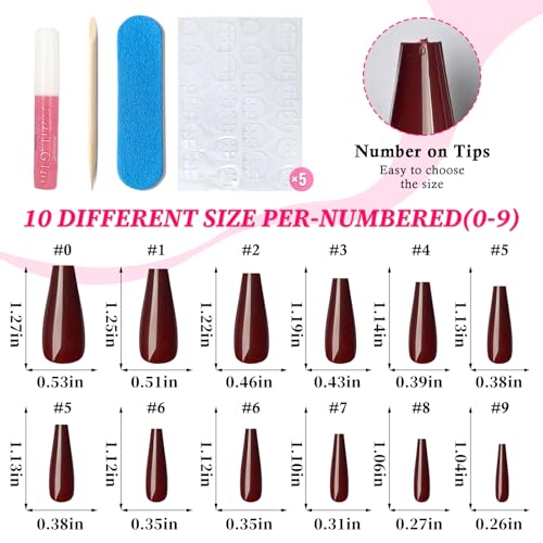 Lifextol Long Coffin Press on Nails - 120 Pcs Burgundy Glossy Fake Nails Kit
