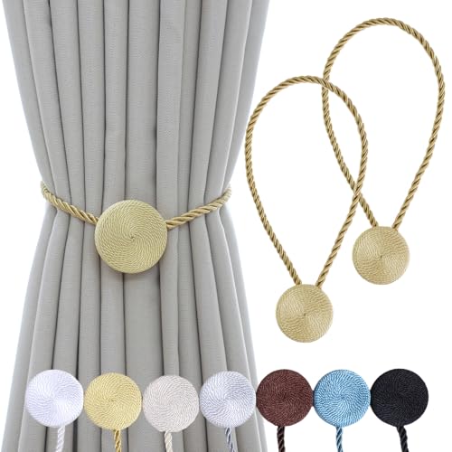 SLIFEOW Gold Magnetic Curtain Tiebacks 12mm Heavy-Duty Rope Holdbacks - No Tools Needed