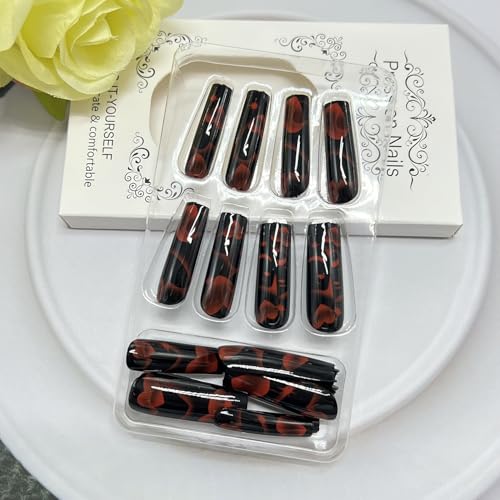 Valentine's Press on Nails Long Square Red Heart Fake Nails Glossy Black