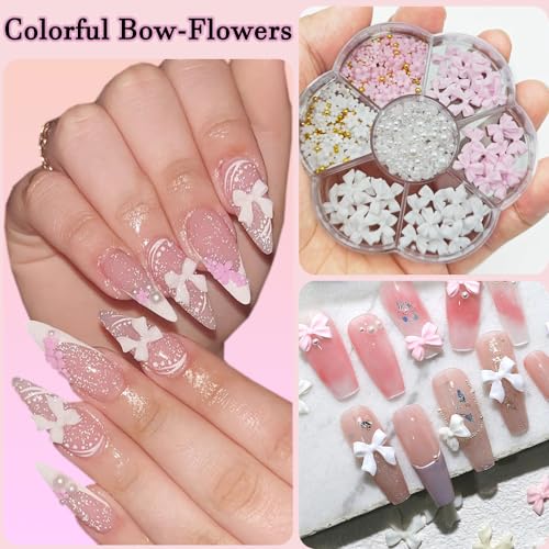 Qdsuh 3D Flower and Bow Nail Charms with Acrylic Gems and Pearls