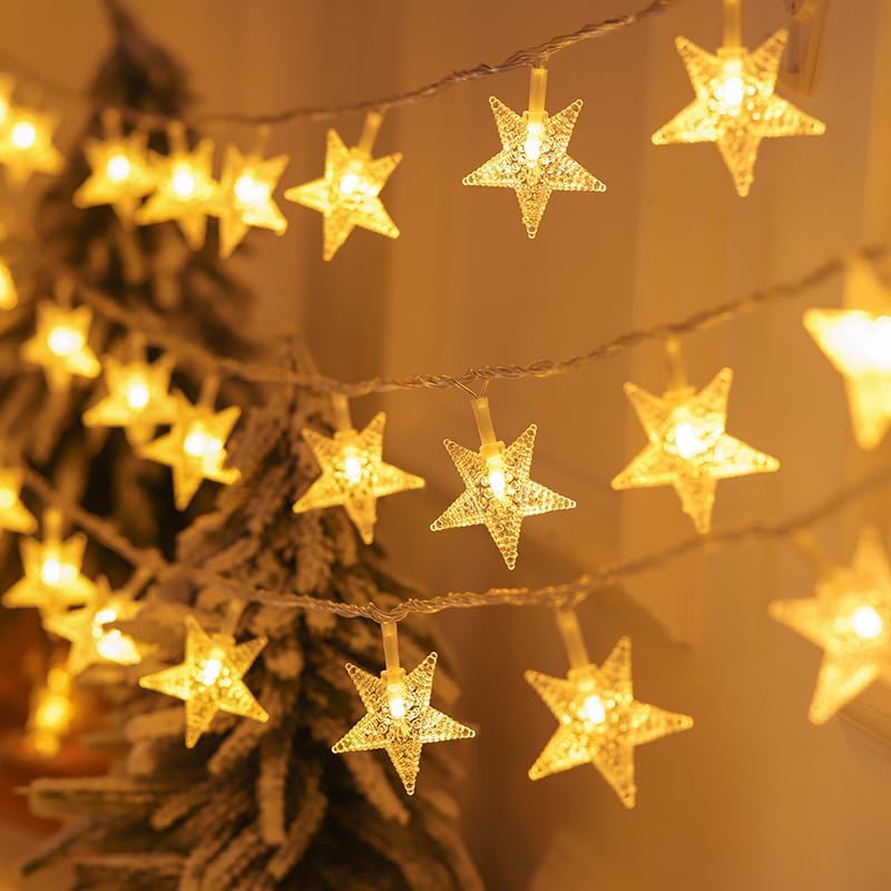 Star String Lights - 50 LED Twinkle Lights | 17 ft Battery Operated Fairy Lights for Kids' Bedroom, Wedding, Patio Decor - Warm White