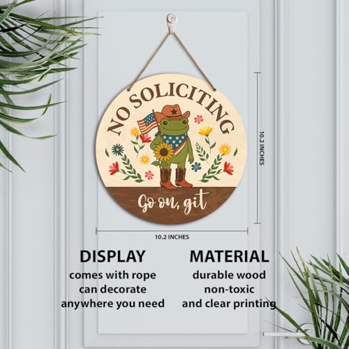 Funny Frog No Soliciting Sign - L Size Rustic Wood Hanging Door Plaque