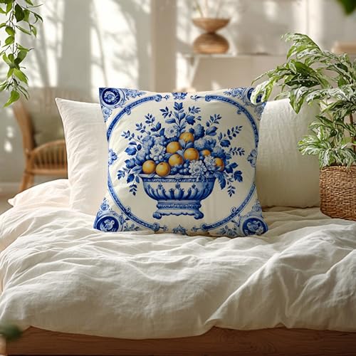 Coastal Blue and White Lemon Pillow Cover 18x18 - Double-Sided Flannelette