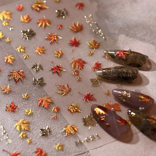 5D Embossed Fall Maple Leaf Nail Stickers Autumn Decals