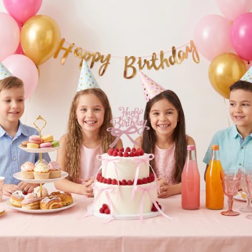 18PCS Pink Bow Cake Toppers with Happy Birthday Topper