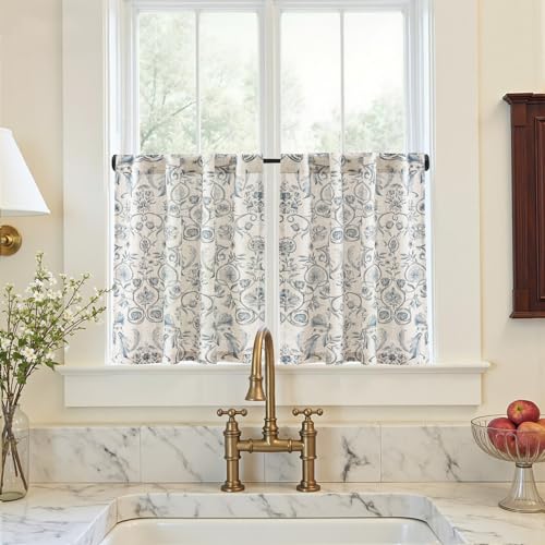 jinchan Linen Floral Kitchen Tier Curtains, 26"W x 24"L, 2 Panels - Blue on Beige