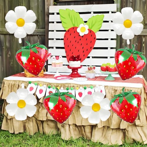 8 Strawberry & Daisy Foil Balloons for Birthday Parties