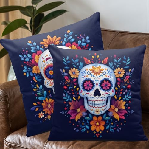 Sugar Skull Throw Pillow Covers 18x18 Inch - Set of 4 Floral Sofa Cases