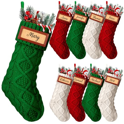 Personalized Christmas Stockings Set - 9 Pcs 14 Inch Knit Holiday Decor with Name Patches