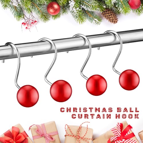 Otoolling 12-Piece Christmas Ball Shower Curtain Hooks - Red Holiday Decor