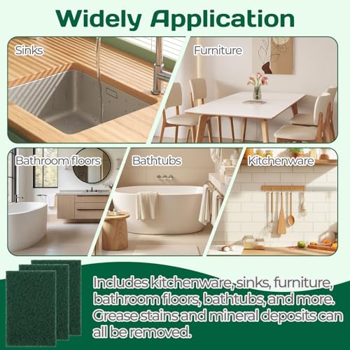 OLLBIT Heavy Duty Scouring Pads - 10 Pack Green Scrubbers for Kitchen & Bath