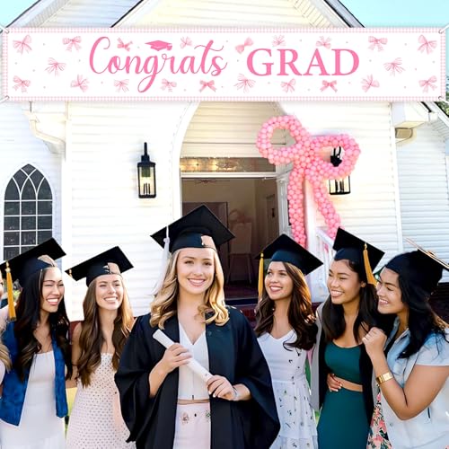Pink Bow Graduation Yard Banner 2026 - Congrats Grad Decoration