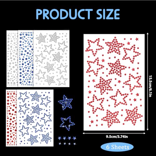Macuezu 6 Sheets Self-Adhesive Face Gems Star Rhinestone Stickers