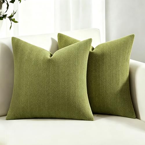 Olive Green Chenille Throw Pillow Cushion Covers - Set of 2