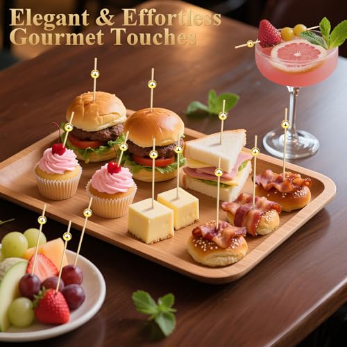 FATLODA 300PCS Gold Pearl Cocktail Picks - Elegant Bamboo Skewers