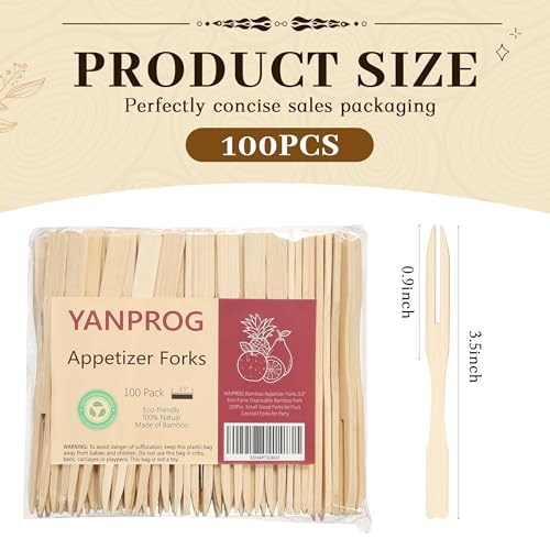 YANPROG Bamboo Mini Forks - 3.5" Disposable Appetizer Forks (100 Pcs)