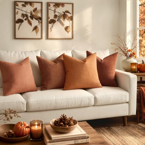 MIULEE 18x18 Inch Rust Linen Burlap Textured Pillow Covers Set of 2 Fall Farmhouse Decor