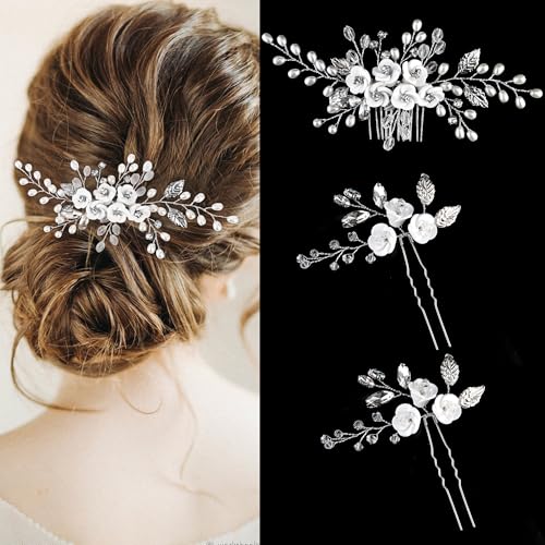Chanaco Bridal Hair Accessories Silver Hair Comb and Pins Set with Pearls