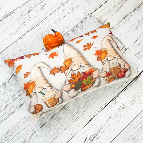 ONWAY Fall Maple Leaves Gnome Lumbar Pillow Cover 12x20 Gray Autumn Decor